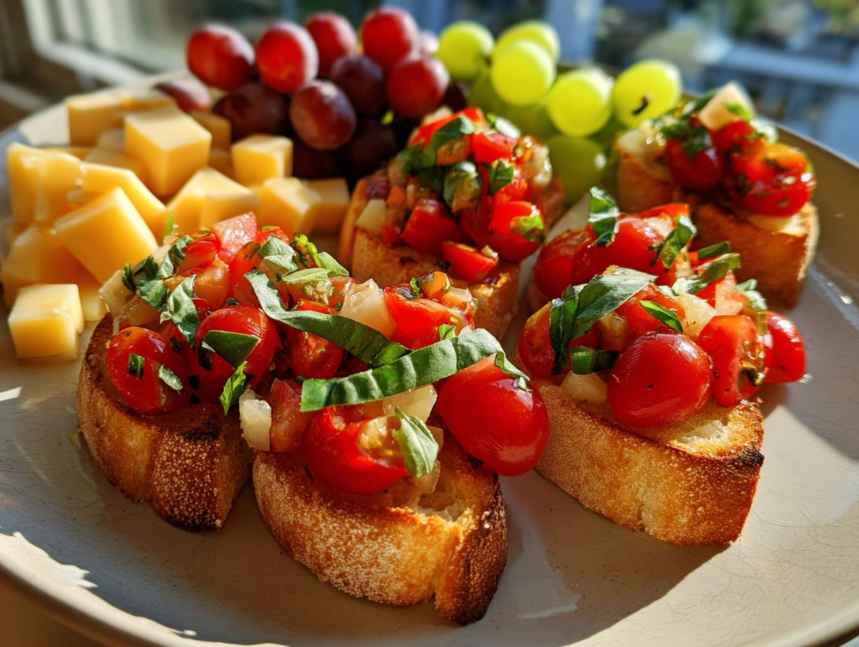 Close-up of fresh bruschetta with cherry tomatoes and basil, served with cheese cubes and grapes as New Years appetizers.