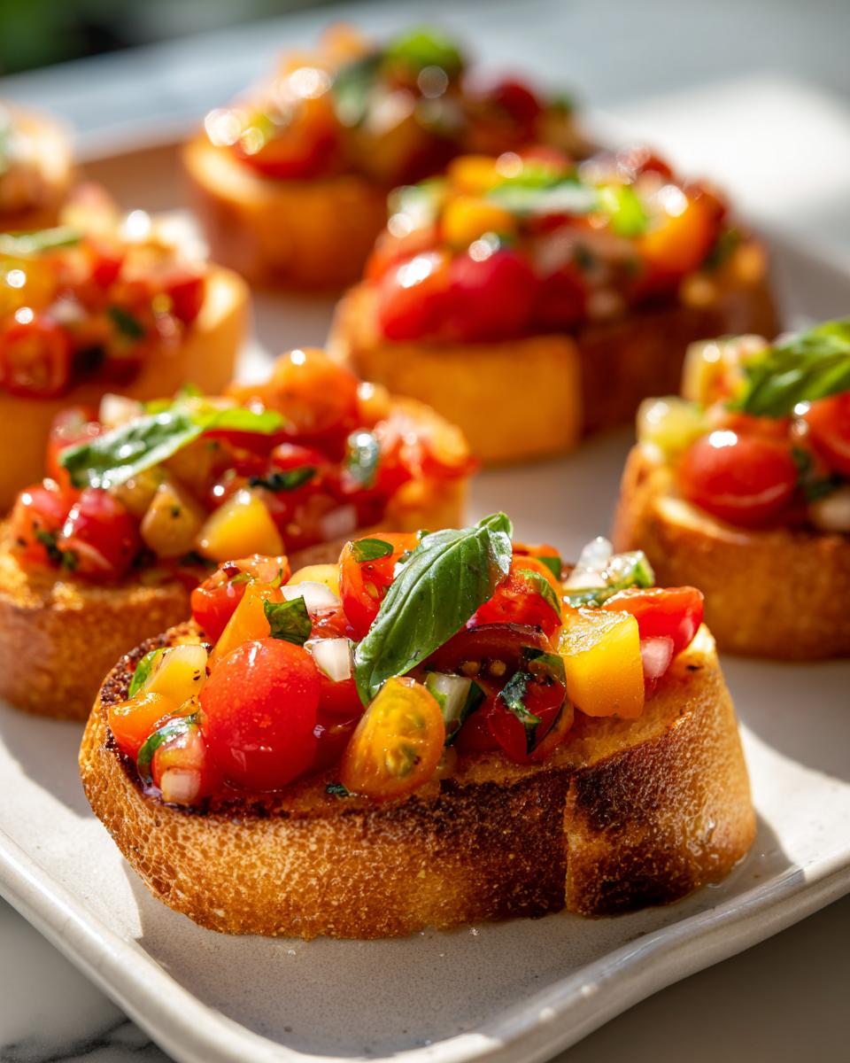 Close-up of fresh bruschetta topped with tomatoes, basil, and onions, perfect for new years appetizers.