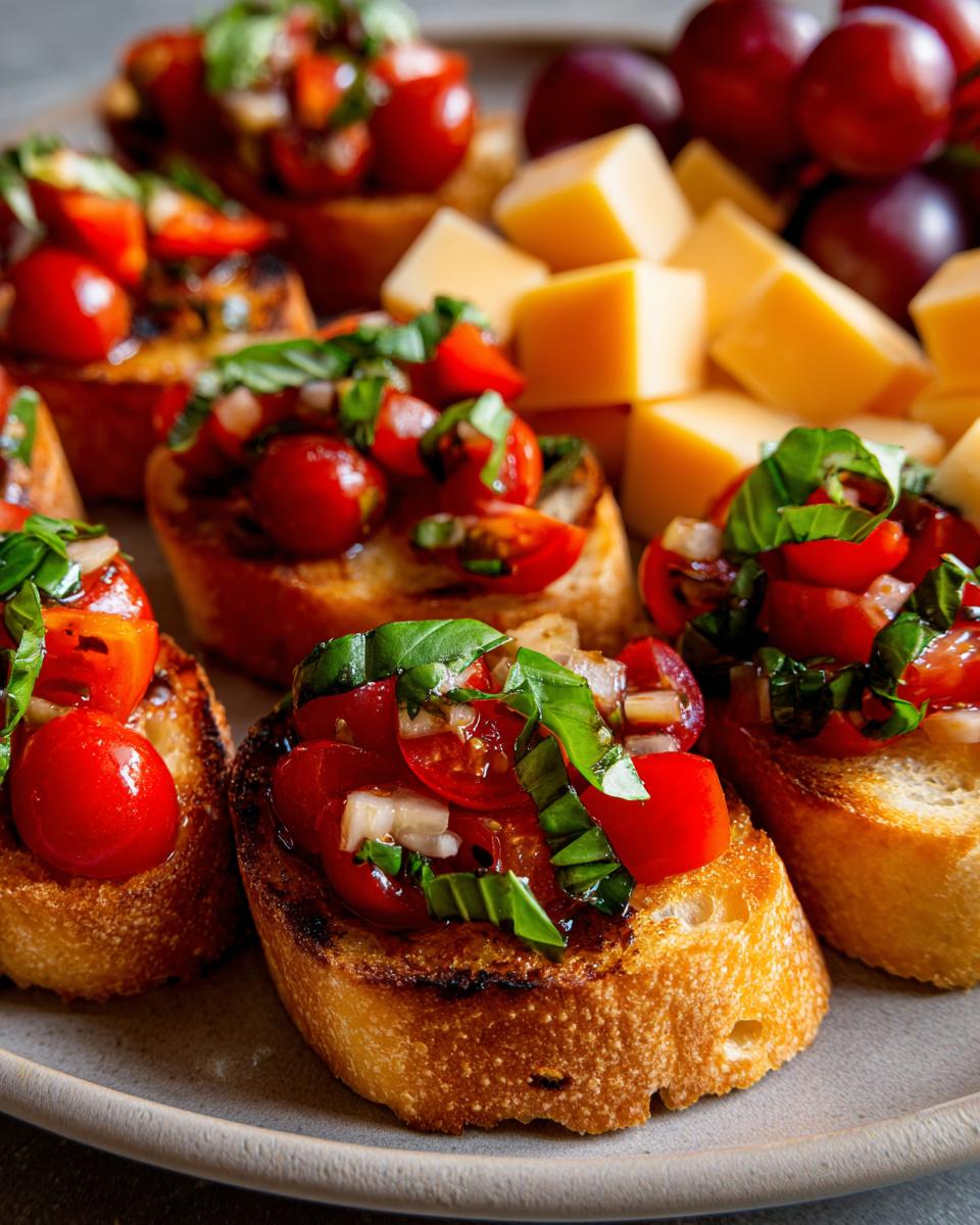 Close-up of fresh tomato bruschetta, a perfect New Years appetizer, topped with basil and served with cheese cubes and grapes.
