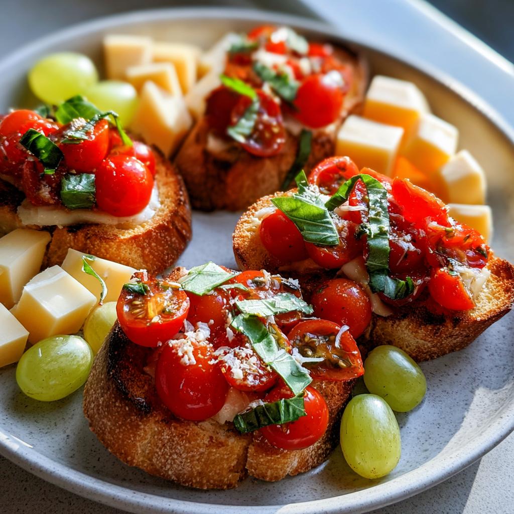 Close-up of fresh tomato bruschetta, a vibrant New Years appetizer with cherry tomatoes, basil, and cheese on toasted bread.