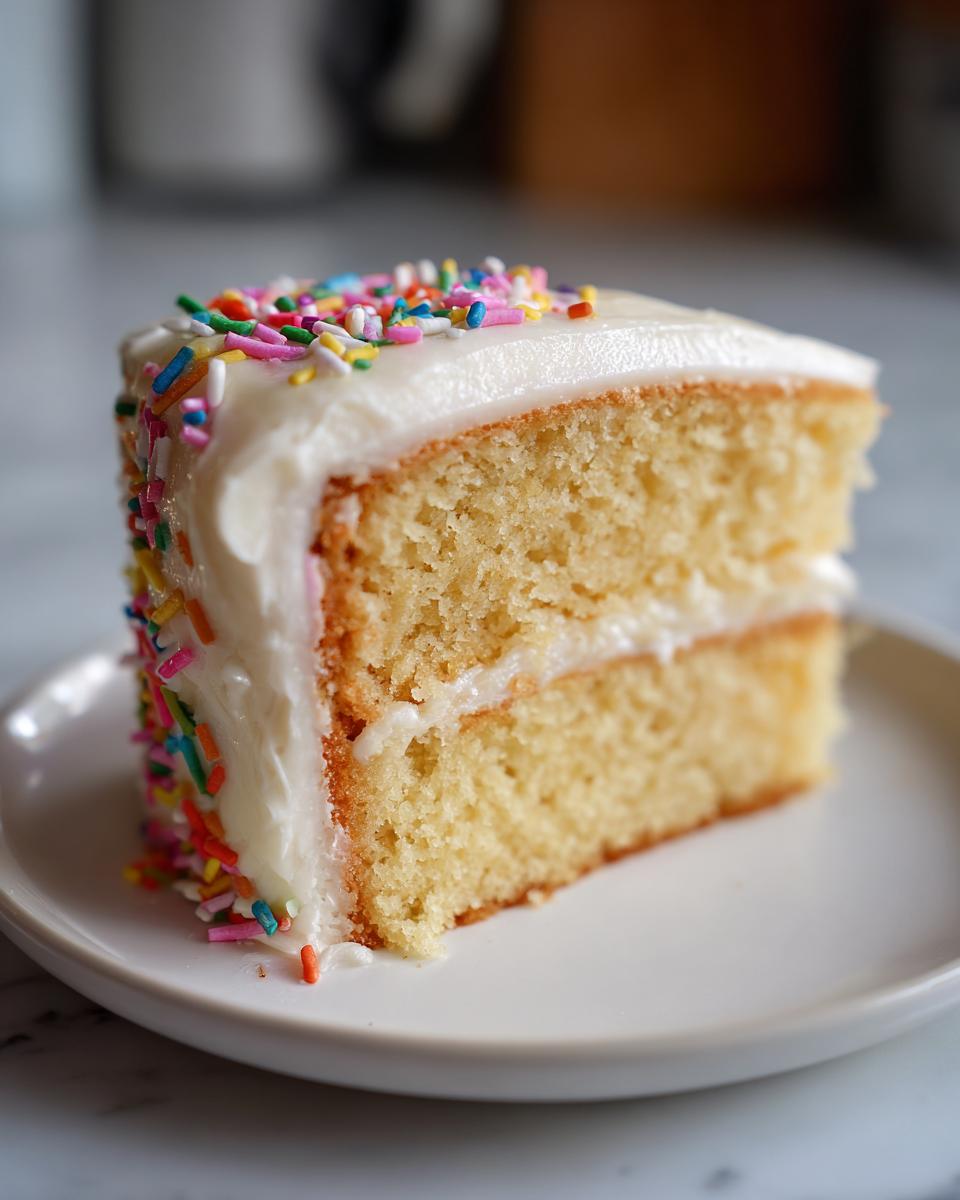 A slice of moist New Years cake with white frosting and colorful sprinkles on a white plate.