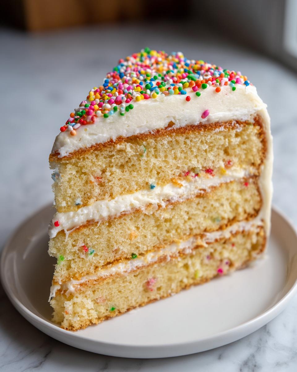 A slice of fluffy New Years cake with white frosting and colorful sprinkles on top.