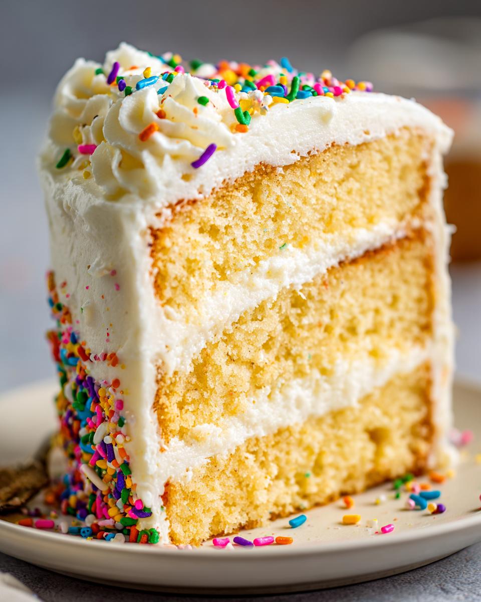 A delicious slice of New Years cake with white frosting and colorful sprinkles.