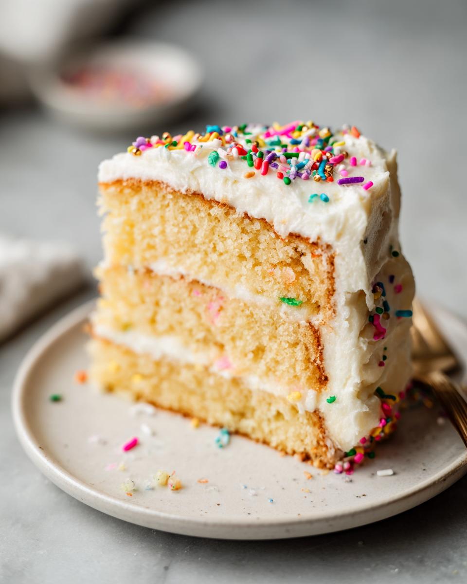 A delicious slice of New Years cake, featuring three layers of vanilla cake and white frosting, topped with colorful sprinkles.