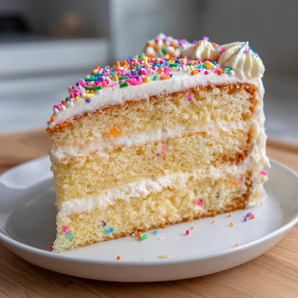 A delicious slice of New Years cake, featuring layers of vanilla cake and frosting, topped with colorful sprinkles.