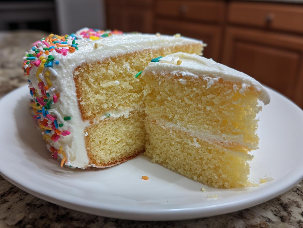 A slice of New Years cake with fluffy white frosting and colorful sprinkles on a white plate.