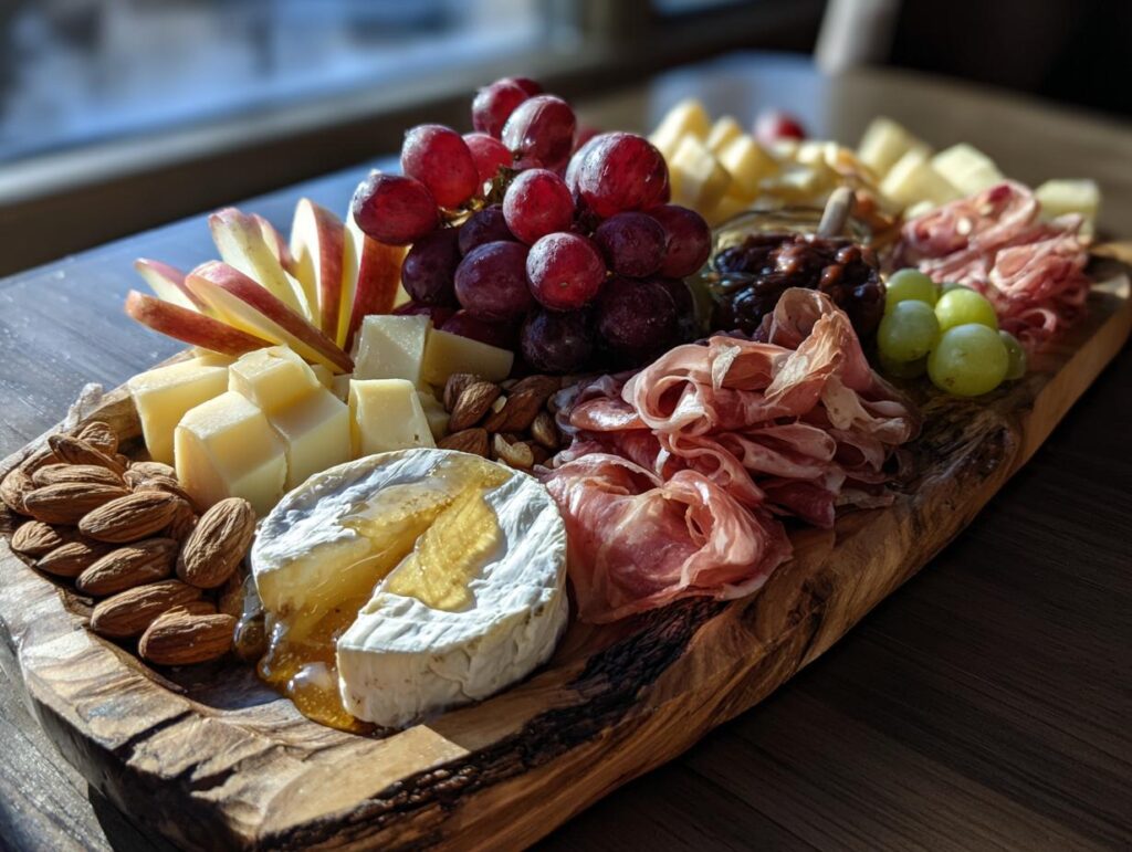 A beautiful New Years charcuterie board featuring an assortment of cheeses, cured meats, grapes, apples, and nuts.