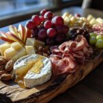 A beautiful New Years charcuterie board featuring an assortment of cheeses, cured meats, grapes, apples, and nuts.