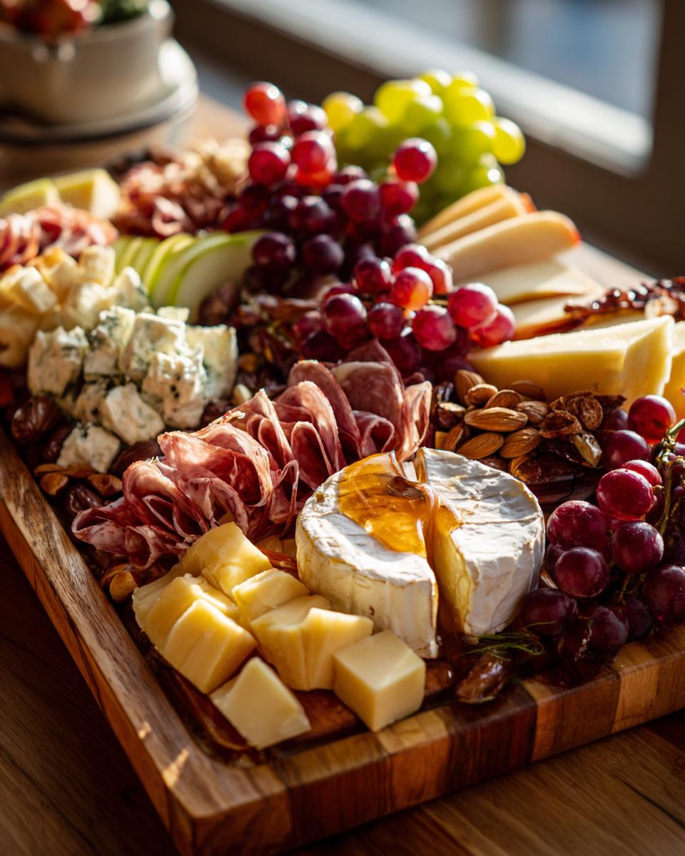 A beautifully arranged new years charcuterie board featuring assorted cheeses, cured meats, grapes, nuts, and sliced apples.