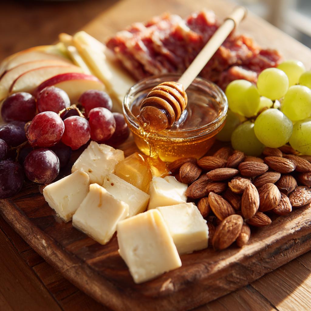 A beautiful New Years charcuterie board featuring cheese, grapes, almonds, and honey.
