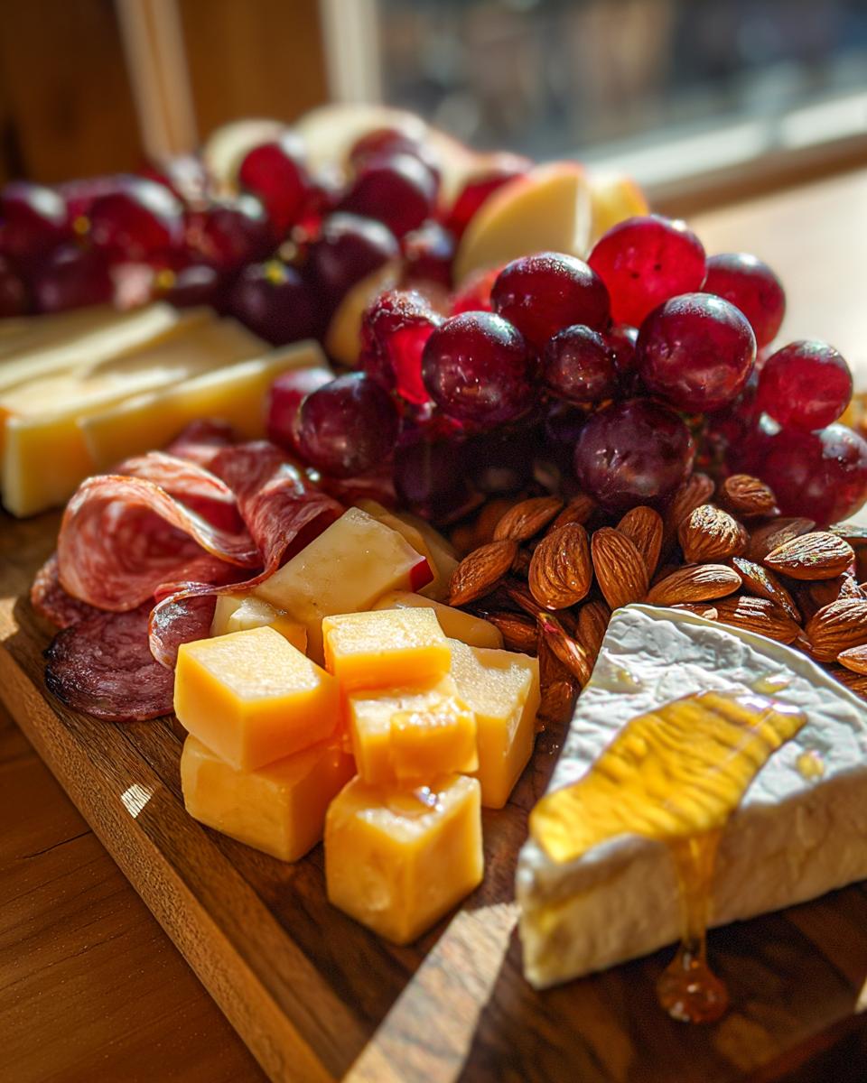 A close-up of a new years charcuterie board featuring grapes, salami, cubed cheese, almonds, and brie drizzled with honey.