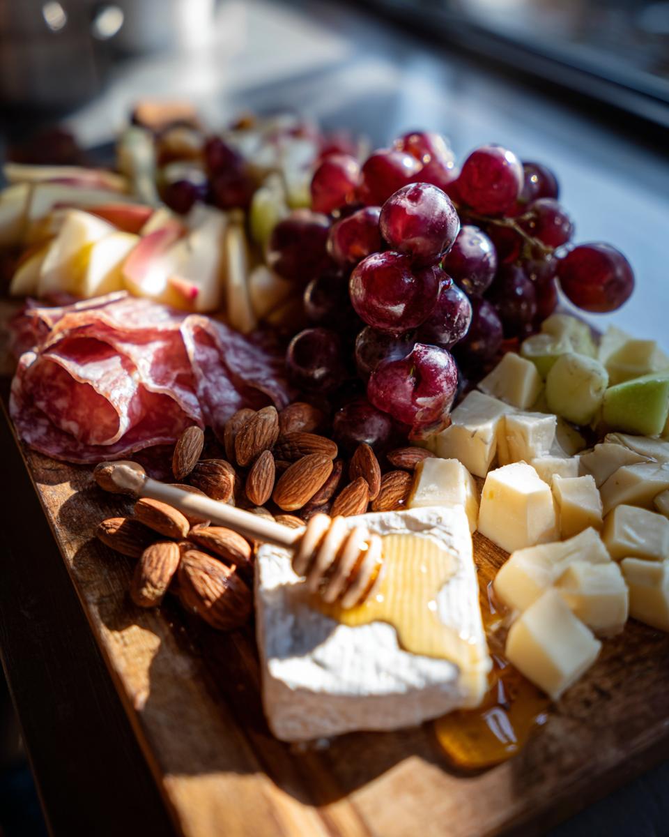 A festive New Years charcuterie board featuring grapes, salami, cheese cubes, almonds, and brie drizzled with honey.