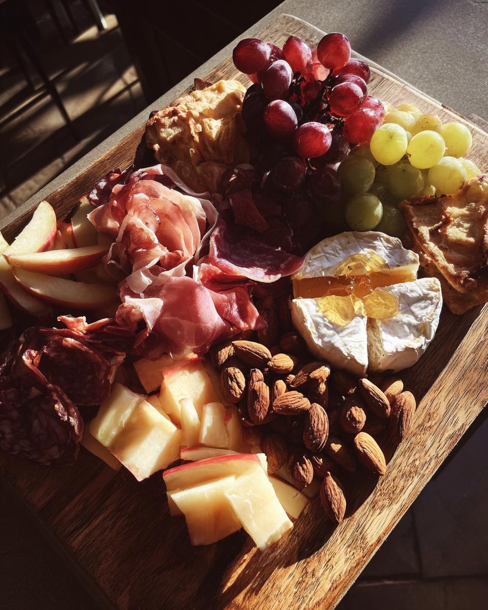 A beautiful New Years charcuterie board featuring grapes, cheese, cured meats, nuts, and crackers.