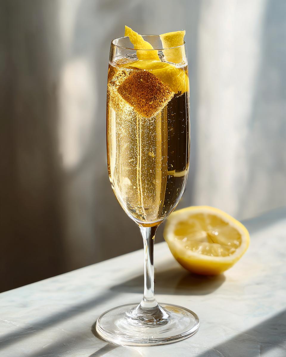 A tall glass of sparkling new years cocktail with lemon twists and a sugar cube, next to a halved lemon.