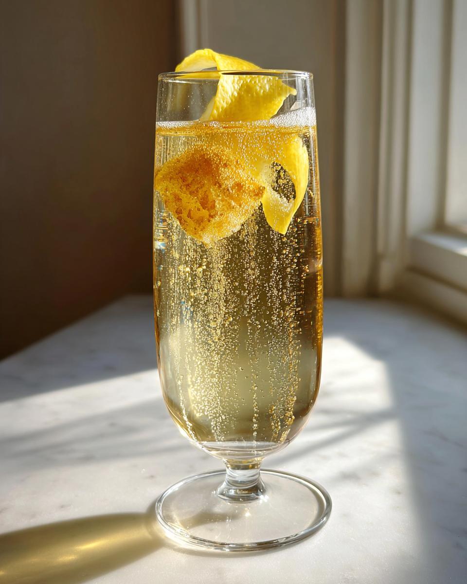 A tall glass filled with a bubbly, golden new years cocktail, garnished with a lemon twist and a piece of honeycomb.