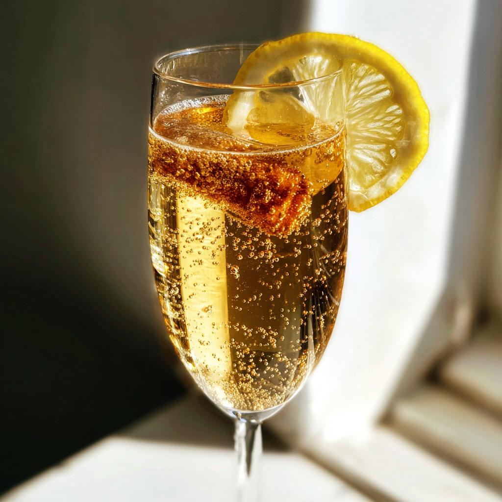A close-up of a bubbly new years cocktail in a champagne flute, garnished with a lemon slice and a cinnamon stick.