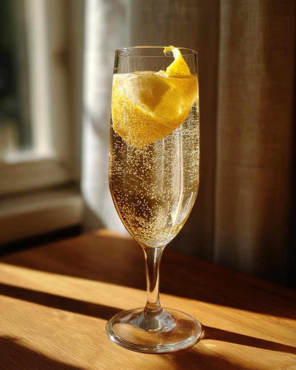 A bubbly, golden new years cocktail in a champagne flute, garnished with a lemon peel.
