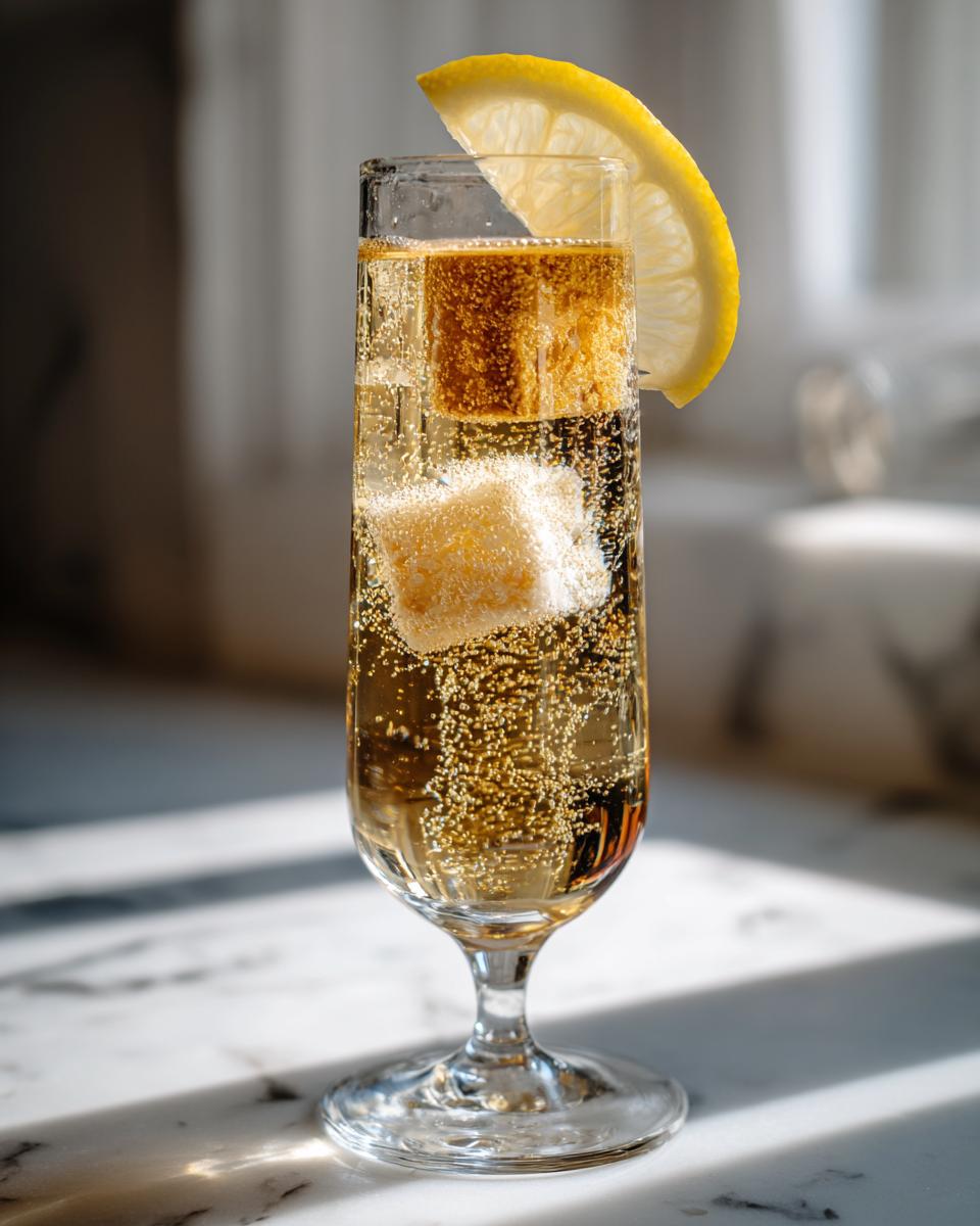 A tall glass of a sparkling new years cocktail, garnished with a lemon slice and sugar cubes.
