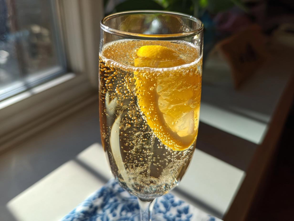 A close-up of a sparkling new years cocktail in a tall glass, garnished with a lemon slice and full of bubbles.