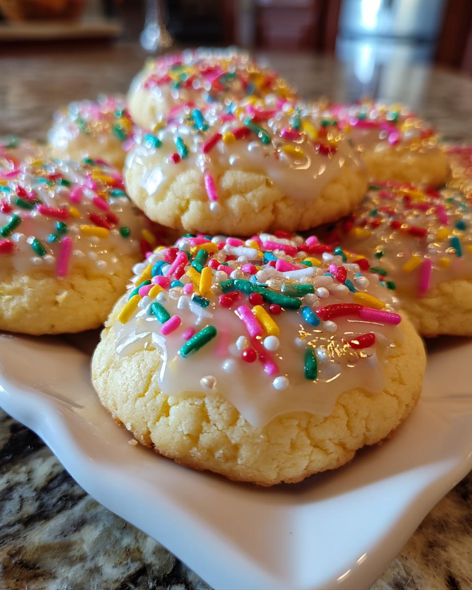 Close-up of delicious new years cookies topped with white glaze and colorful sprinkles.