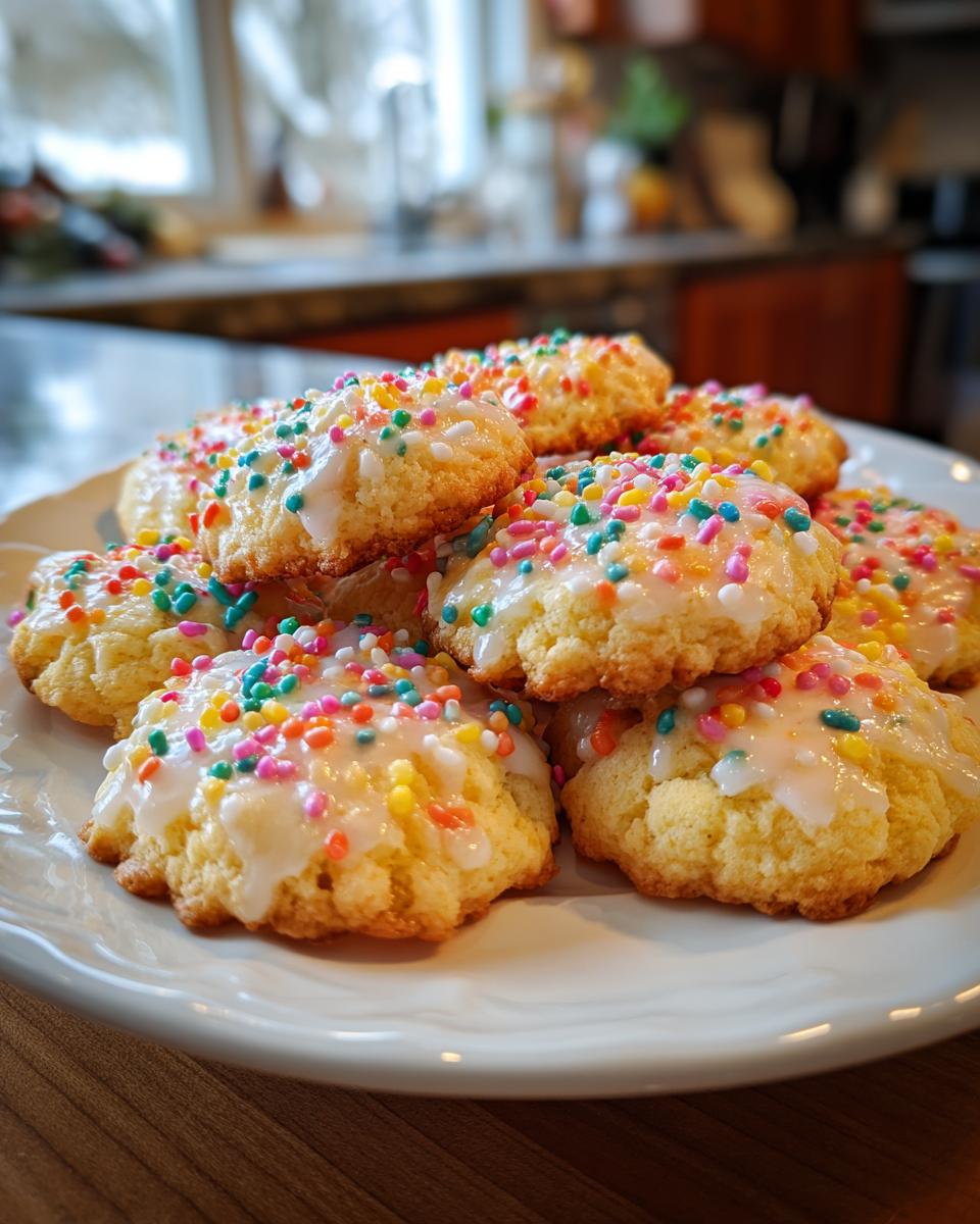 A pile of delicious new years cookies topped with white icing and colorful sprinkles.