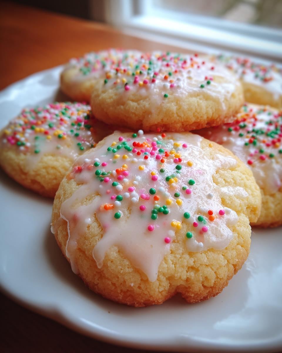 Close-up of several delicious new years cookies topped with white icing and colorful sprinkles on a white plate.