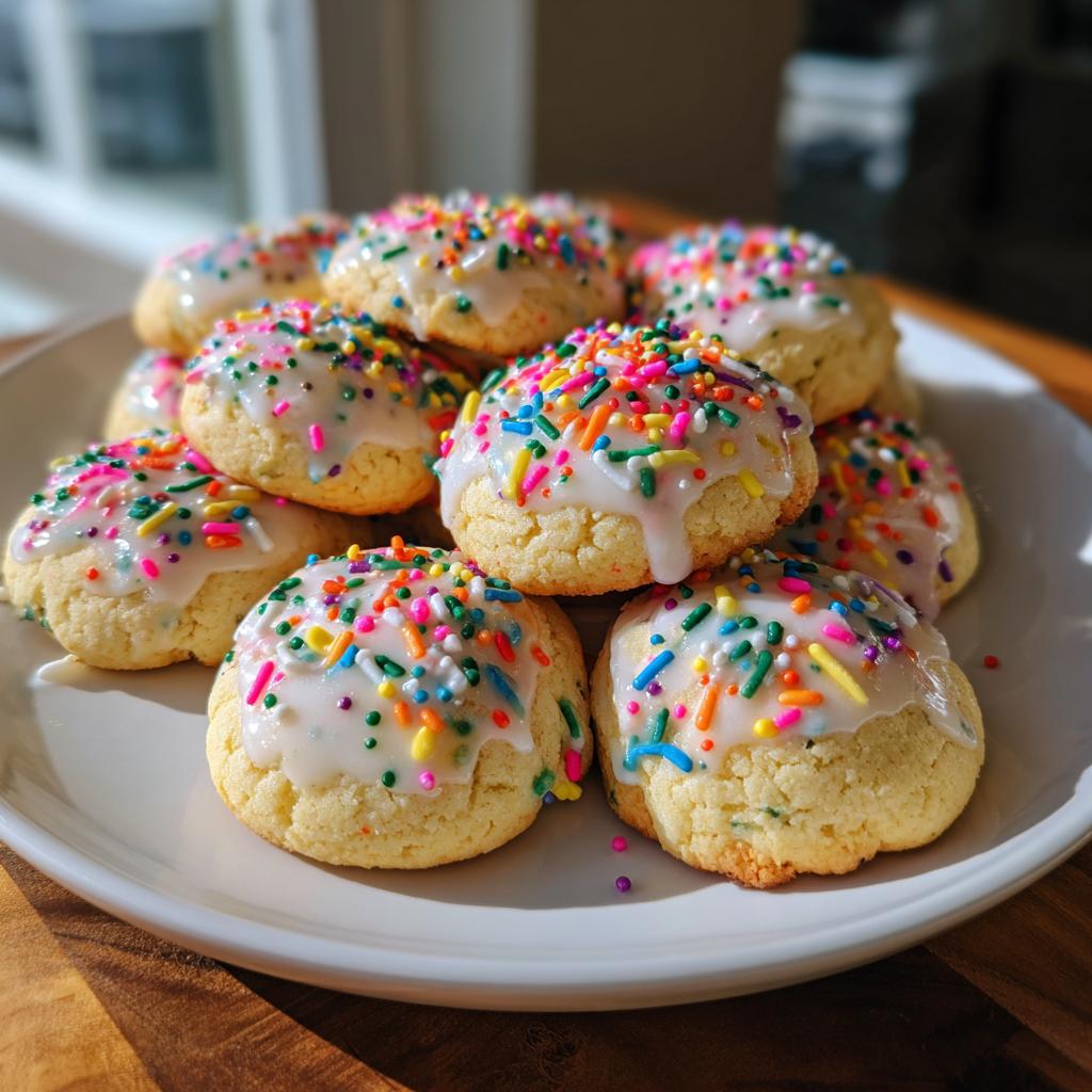 A pile of freshly baked new years cookies topped with white icing and colorful sprinkles.