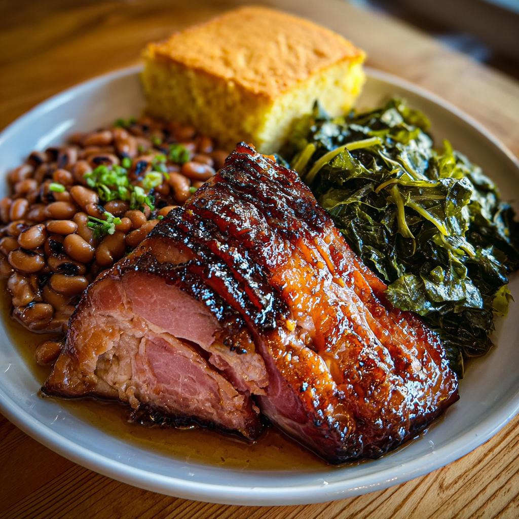 A delicious plate for a new years day dinner featuring glazed ham, black-eyed peas, collard greens, and cornbread.