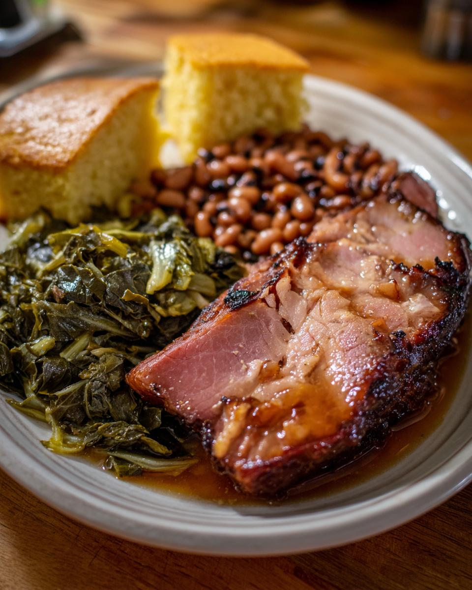 A plate of traditional New Years Day dinner featuring ham, collard greens, baked beans, and cornbread.