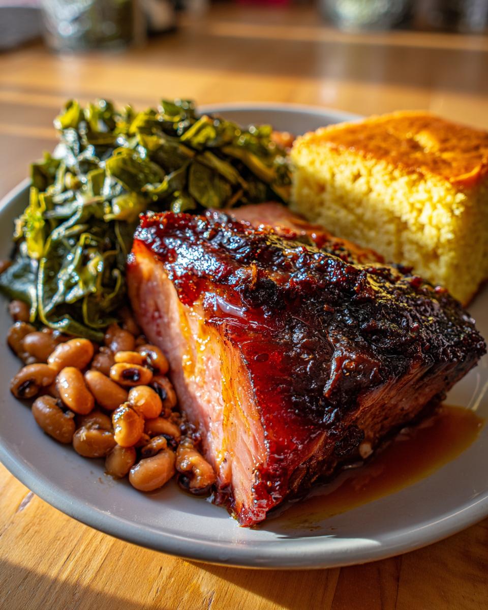 A hearty plate for a New Years Day dinner featuring glazed ham, black-eyed peas, collard greens, and cornbread.