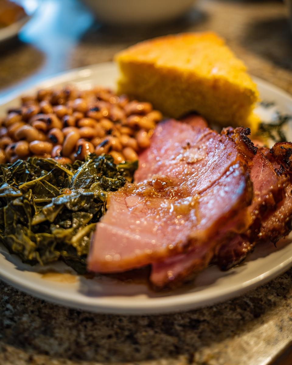 A New Year's Day dinner plate featuring sliced ham, black-eyed peas, collard greens, and a slice of cornbread.