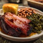 A plate of lucky New Years Day dinner featuring tender pork, baked beans, collard greens, and cornbread.