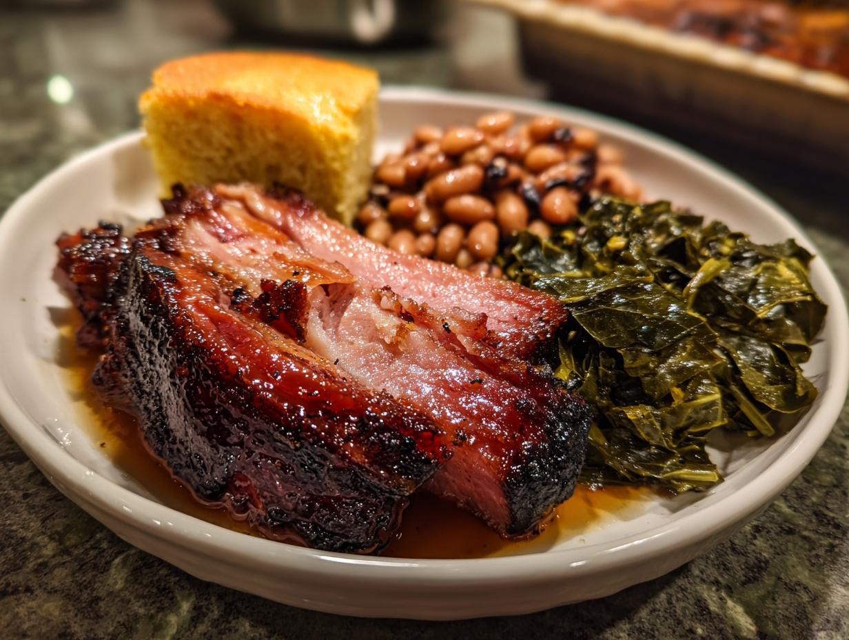 A plate of lucky New Years Day dinner featuring tender pork, baked beans, collard greens, and cornbread.