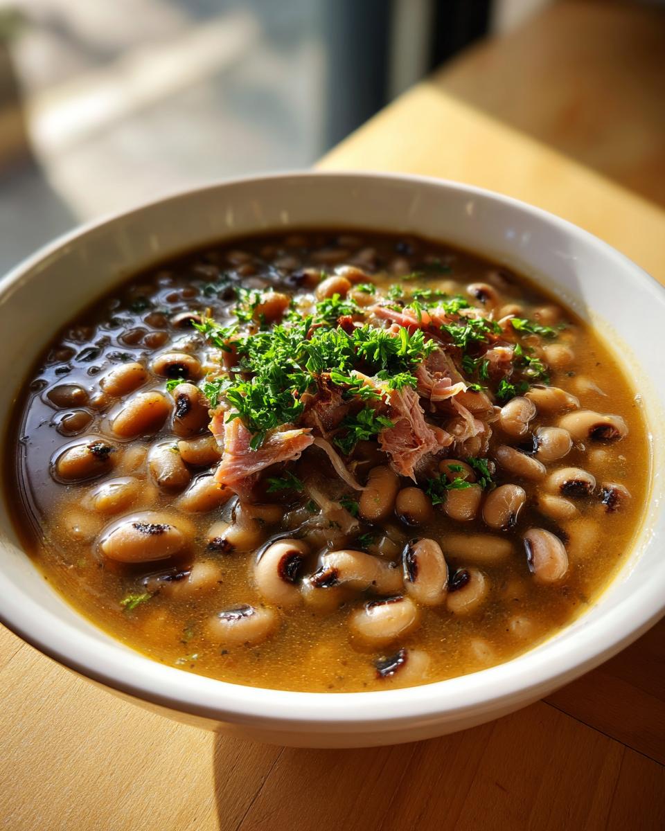 A close-up of a bowl of black-eyed peas, a traditional New Year's Day food, topped with pulled pork and parsley.