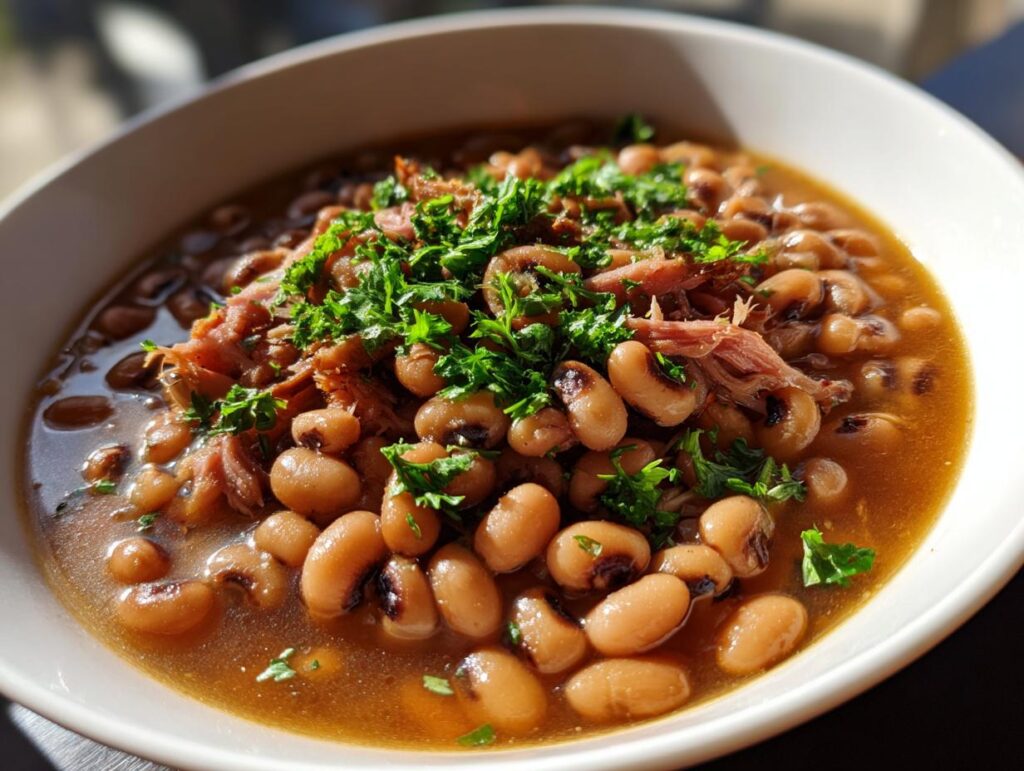 A close-up of a white bowl filled with hearty black-eyed peas and shredded pork, garnished with fresh parsley, perfect for New Year's Day food.