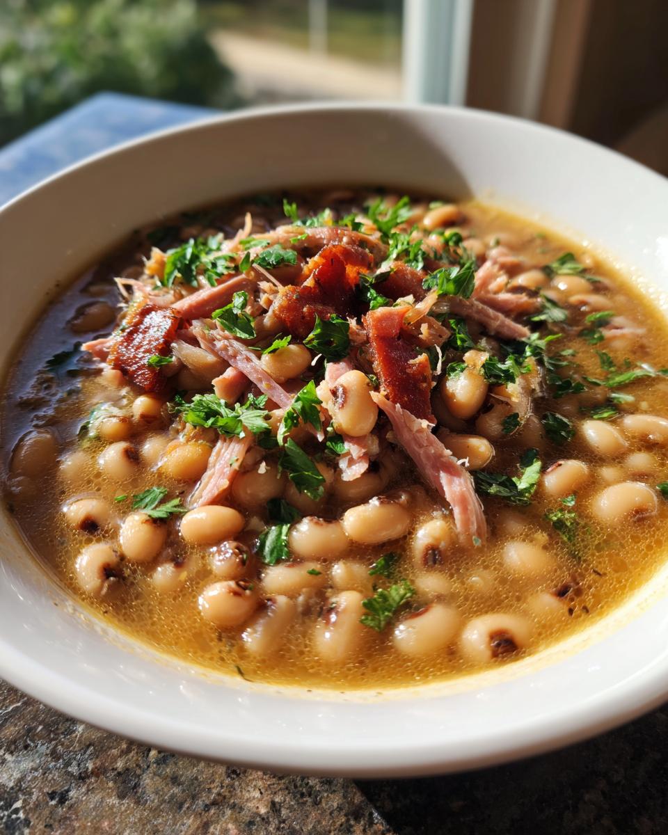 A close-up shot of a white bowl filled with black-eyed peas and shredded ham, garnished with fresh parsley. This is a traditional New Year's Day food.