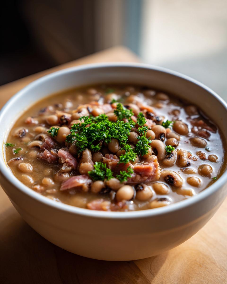 A close-up of a white bowl filled with New Year's Day food: black-eyed peas and ham, garnished with fresh parsley.