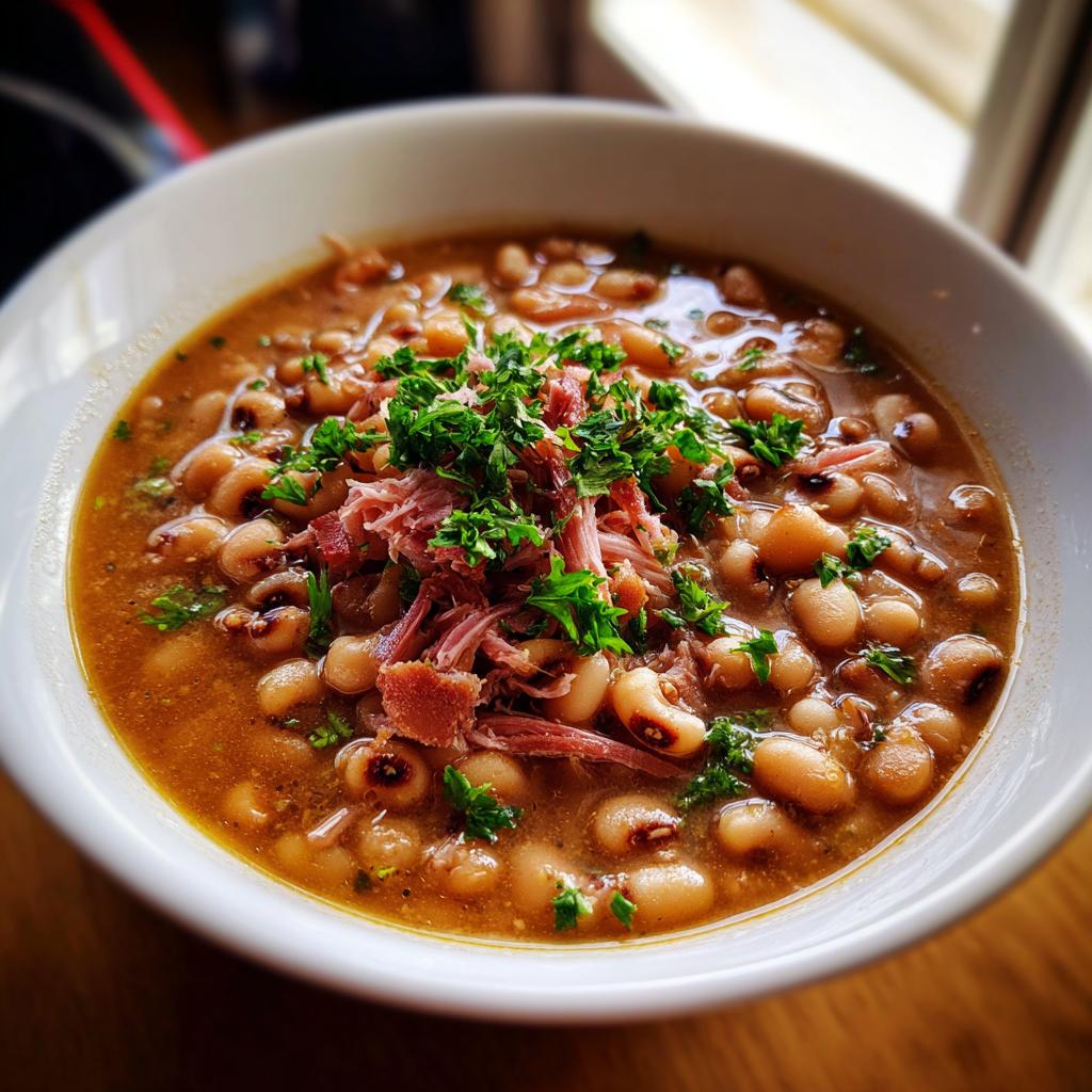 A close-up of a white bowl filled with hearty black-eyed peas and shredded ham, garnished with fresh parsley. This is a traditional new years day food.