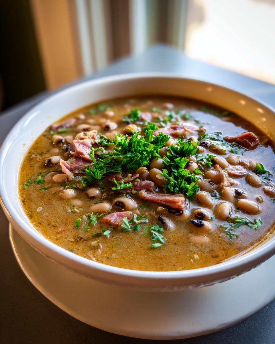 A close-up of a bowl of hearty black-eyed peas soup with ham and parsley, a traditional New Year's Day food.