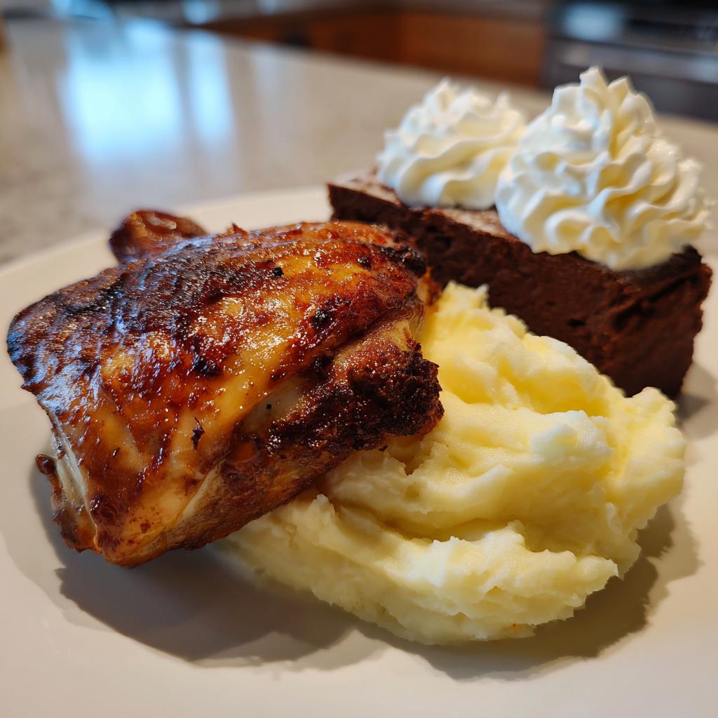 A plate with golden roasted chicken, creamy mashed potatoes, and a slice of chocolate cake with whipped cream, perfect for a New Years dinner.