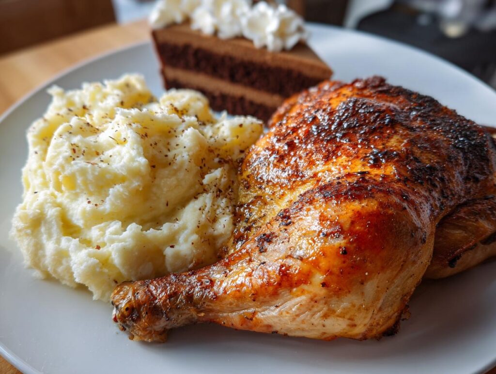 A delicious plate featuring a golden roasted chicken leg, creamy mashed potatoes, and a slice of chocolate cake, perfect for a New Years dinner.
