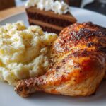A delicious plate featuring a golden roasted chicken leg, creamy mashed potatoes, and a slice of chocolate cake, perfect for a New Years dinner.