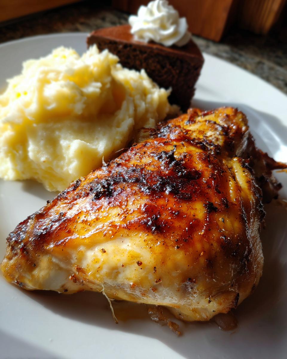 A plate with a piece of golden roasted chicken, mashed potatoes, and a slice of chocolate cake topped with whipped cream for a new years dinner.