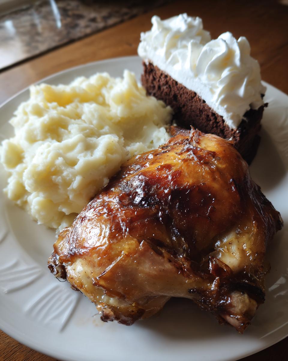A plate with a golden roasted chicken leg, creamy mashed potatoes, and a slice of chocolate cake topped with whipped cream, perfect for a new years dinner.