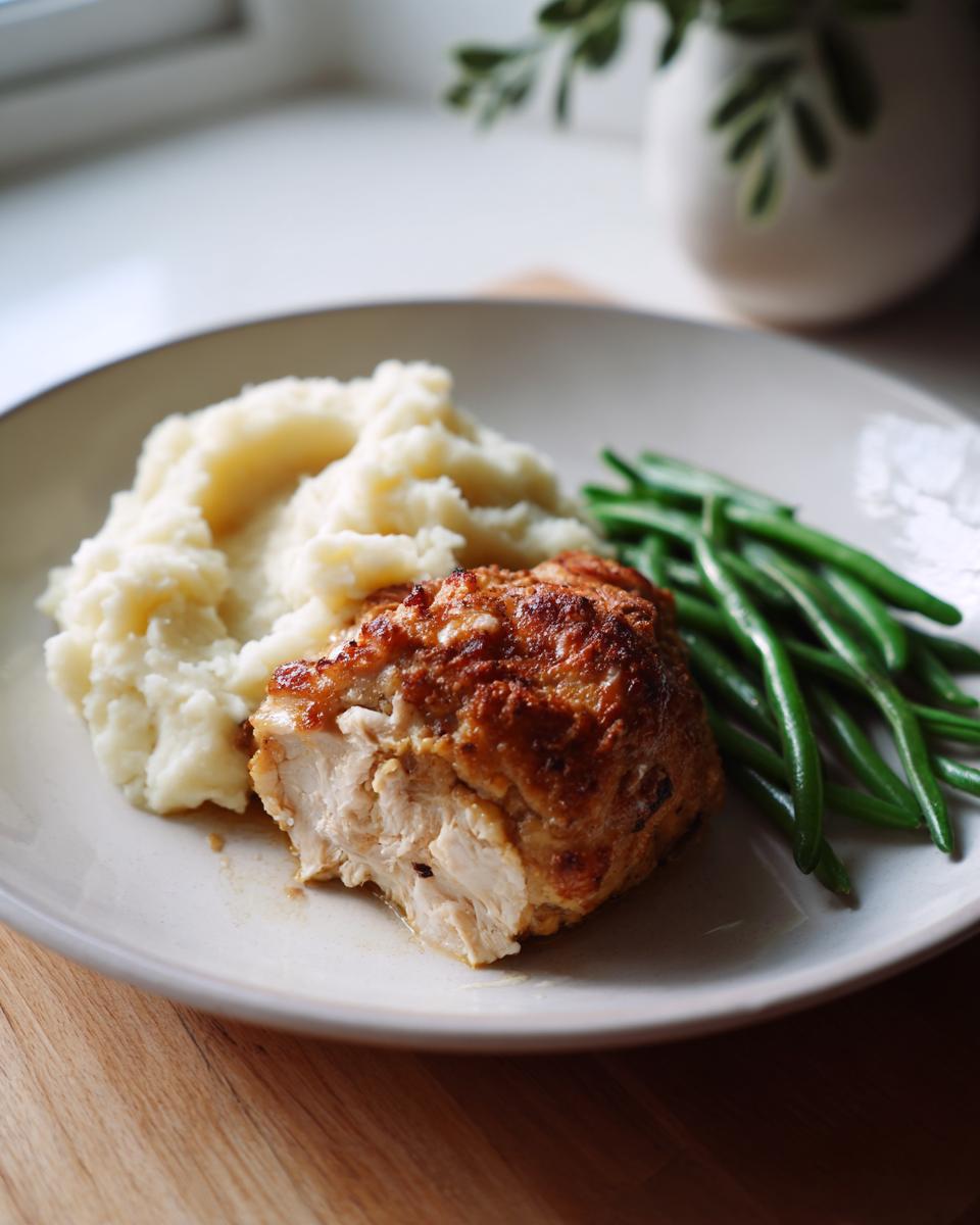 A perfectly roasted chicken breast served with creamy mashed potatoes and fresh green beans, a great option for new years dinner ideas.