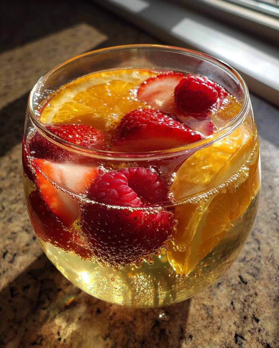 A refreshing new years drink in a glass, filled with sparkling liquid, orange slices, strawberries, and raspberries.