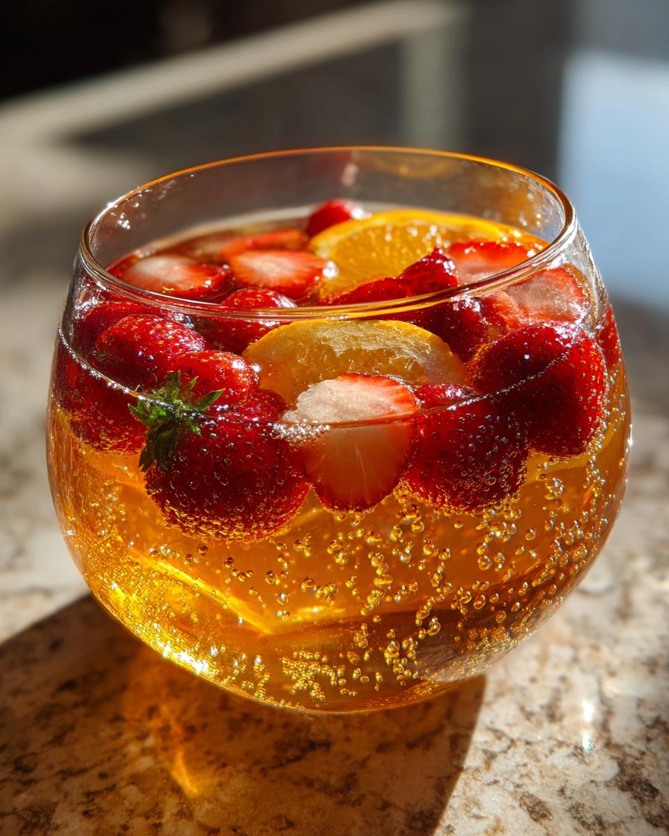 A close-up of a sparkling new years drink in a glass, filled with fresh strawberries and orange slices.