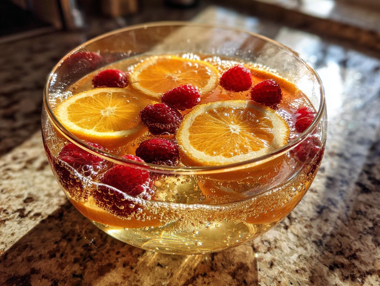 A close-up of a bubbly new years drink in a glass bowl, garnished with orange slices and fresh raspberries.