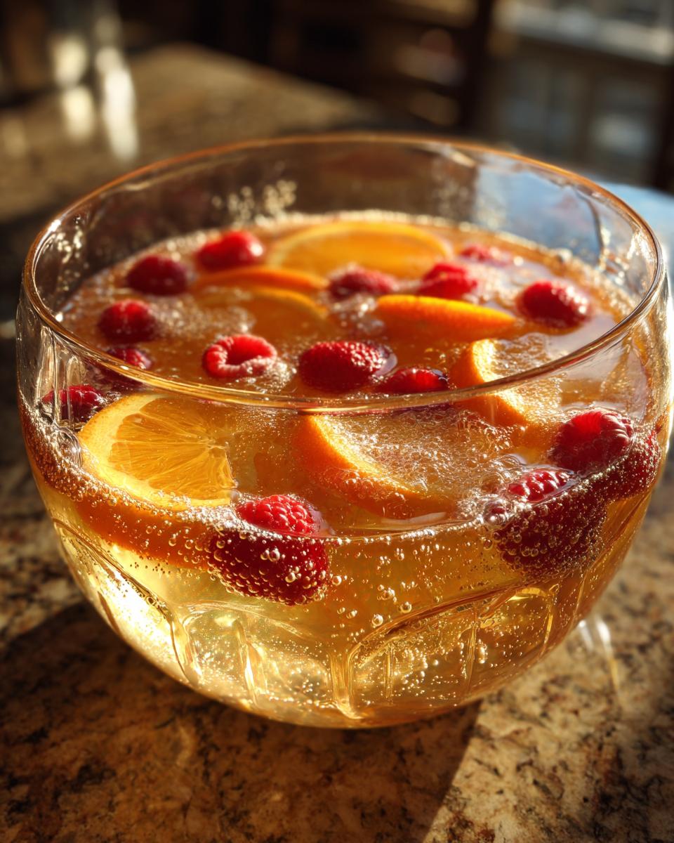 A close-up of a sparkling punch bowl filled with new years drinks, featuring orange slices and fresh raspberries.