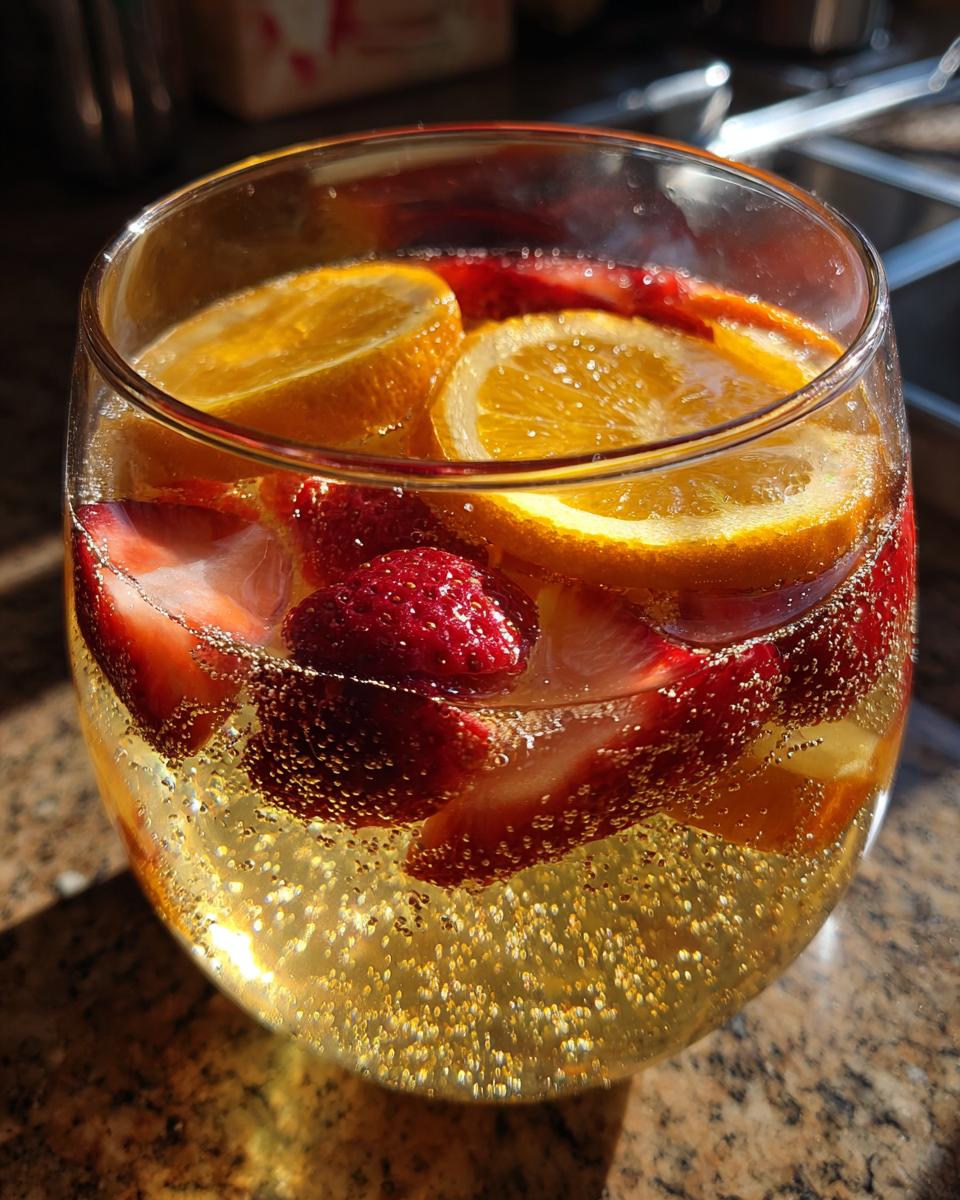 A refreshing glass of new years drinks, filled with sparkling liquid, sliced strawberries, and orange rounds, with visible bubbles.